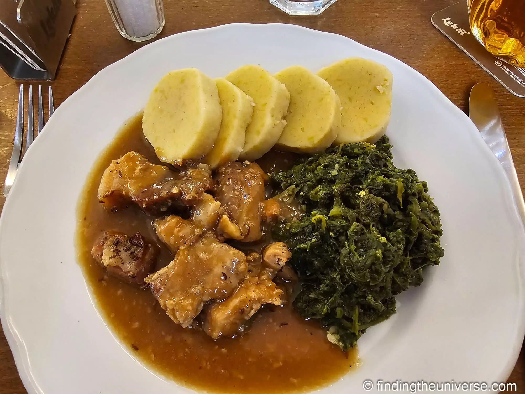 Pork with dumplings and spinach at Lokál Dlouhááá, Prague