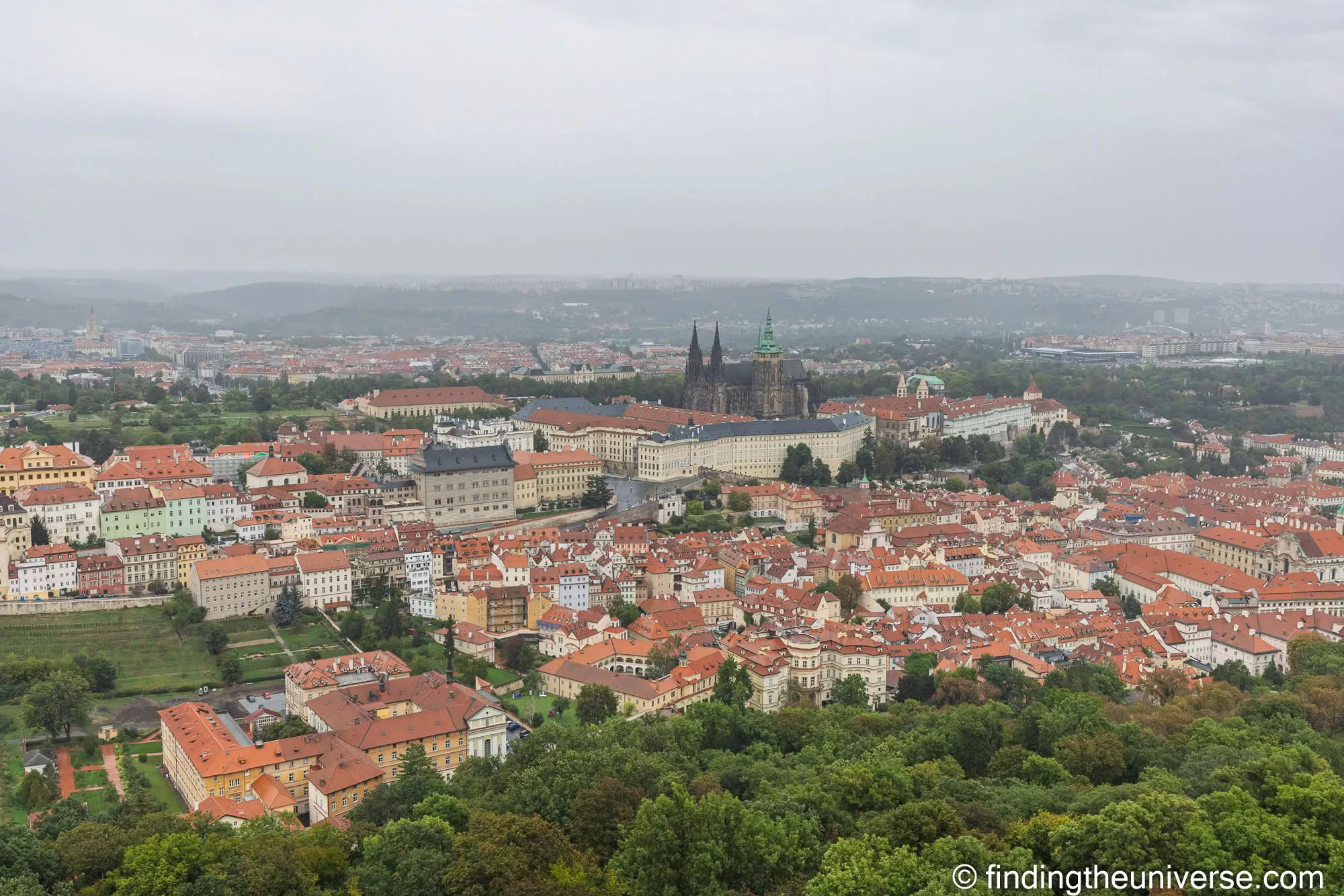 View over Malá Strana from Petřín Hill in the rain, Prague